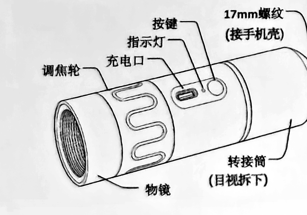 Line diagram from the printed manual — 7 labelled callouts: objective lens (物镜), focus wheel (调焦轮), charging port (充电口), indicator (指示灯), button (按键), 17mm thread (17mm螺纹, connects to phone case), adapter tube (转接筒, remove for direct viewing). Cropped from the manual and contrast-enhanced for web display; labels and leader lines are unchanged.