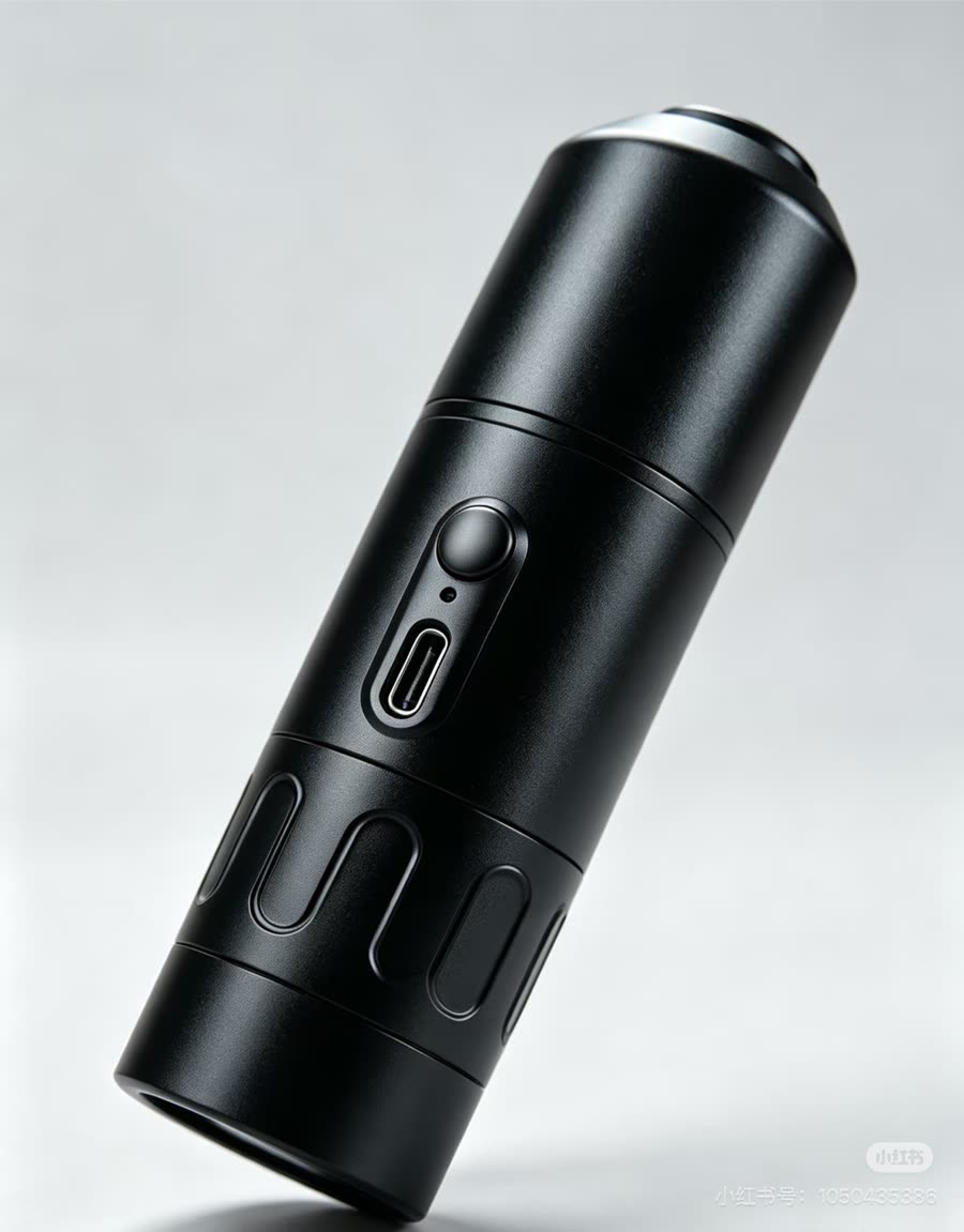 斜めからの見上げ — 操作ボタン、ステータスLED、USB-C充電ポート